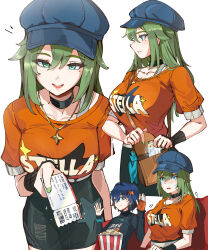 2girls absolute_cinema_(meme) absurdres aqua_eyes bag belle_(zenless_zone_zero) black_choker blue_hair breasts choker collarbone commentary crying crying_with_eyes_open english_commentary fingerless_gloves gloves green_hair green_nails hair_between_eyes handbag hands_up hat highres holding holding_ticket jewelry large_breasts long_hair looking_at_viewer medium_breasts medium_hair meme mole mole_under_eye motion_lines multiple_girls multiple_views necklace notice_lines ormille simple_background single_fingerless_glove star_(symbol) star_necklace tears ticket venus_(zenless_zone_zero) white_background zenless_zone_zero