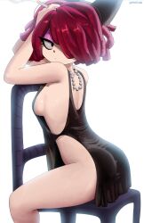 1girl absurdres alternate_costume black_dress breasts chair cigarette dress eyeshadow from_behind hair_over_one_eye highres holding holding_cigarette jewelry looking_back makeup necklace no_bra no_panties on_chair p0stalk pearl_necklace ragatha_(the_amazing_digital_circus) side_slit sideboob simple_background sitting sitting_backwards smoke solo the_amazing_digital_circus triangle_nose twitter_username white_background