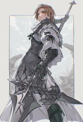 Rule 34 | 1boy, arm up, armor, black boots, blonde hair, boots, chainmail, clawed gauntlets, closed mouth, commentary, dion lesage, feet out of frame, final fantasy, final fantasy xvi, frilled shirt, frilled sleeves, frills, hair behind ear, highres, holding, holding polearm, holding weapon, looking ahead, male focus, ornate weapon, pauldrons, polearm, rihabi, shirt, short hair, shoulder armor, solo, symbol-only commentary, weapon, white shirt, yellow eyes