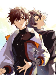 Rule 34 | 2boys, absurdres, back-to-back, black eyes, black hair, black jacket, black shirt, brown eyes, brown hair, chinese commentary, closed mouth, earrings, hair between eyes, hand up, highres, jacket, jewelry, light particles, long sleeves, looking at viewer, looking back, male focus, multicolored jacket, multiple boys, open clothes, open jacket, pants, parted lips, qianxue100, quan zhi gao shou, shirt, short hair, siblings, sidelighting, smile, sunlight, turtleneck, twins, upper body, white background, white jacket, ye qiu, ye xiu