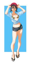 1girl absurdres arms_up bare_shoulders bikini bikini_under_clothes black_hair bleach blue_background blue_nails border breasts breasts_apart crop_top cropped_shirt feet flip-flops full_body gold_bikini hair_between_eyes hat highres ihsekodwww kuchiki_rukia legs looking_at_viewer medium_hair micro_shorts midriff nail_polish navel partially_unbuttoned red_hat red_nails sandals shadow shirt short_twintails shorts small_breasts smile solo stomach swimsuit thighs toenail_polish toenails twintails white_border white_shirt
