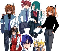 2girls 5girls a.i._voice adachi_rei age_difference backpack bag belt black_hair black_jacket black_shirt black_skirt black_thighhighs blonde_hair blue_eyes blue_hair blue_necktie brown_belt brown_sweater child cropped_legs dress drill_hair dual_persona feet_out_of_frame glasses grey_pants hair_ribbon hatsune_miku headpat highres himatubusiniki holding holding_another&#039;s_hair holding_bag invisible_chair jacket kaai_yuki kagamine_len kagamine_rin kaito_(vocaloid) kasane_teto long_sleeves looking_at_viewer multiple_girls multiple_views necktie open_clothes open_jacket orange_hair pants red_bag red_dress red_hair red_ribbon ribbon shirt shoulder_bag side_ponytail sitting skirt sweat sweater thighhighs twin_drills twintails utau vocaloid white_ribbon white_shirt yellow_eyes