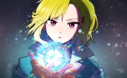 Rule 34 | 1other, antenna hair, aqua coat, blonde hair, coat, fingerless gloves, gloves, gnosia, hair between eyes, hair ornament, hairclip, highres, kanikon, looking at viewer, other focus, red eyes, setsu (gnosia), short hair, solo, turtleneck, upper body