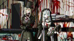 Rule 34 | 2girls, animal skull, ascot, black choker, black coat, black dress, black gloves, black headwear, black veil, blonde hair, blood, blood on clothes, blood on face, blood on wall, blue eyes, book, brooch, chinese commentary, choker, chromatic aberration, closed mouth, coat, commentary request, cowboy shot, dikke, dress, expressionless, gloves, grey pants, habit, hat, highres, holding, holding skull, indoors, jewelry, ligne claire, long hair, mole, mole on cheek, multiple girls, orange eyes, pants, reverse:1999, sink, skull, smile, tennant (reverse:1999), top hat, veil, white ascot, zhizhizi