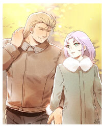 Rule 34 | 2boys, ^ ^, alternate costume, aries muu, blonde hair, brown jacket, casual, closed eyes, coat, couple, cowboy shot, fur-trimmed collar, fur-trimmed sleeves, fur trim, green coat, green eyes, hand on own neck, height difference, hikimayu, holding hands, jacket, long hair, long sleeves, looking at another, male focus, mizuhara aki, multiple boys, parted lips, purple hair, saint seiya, smile, taurus aldebaran, thick eyebrows, tree, unibrow, yaoi