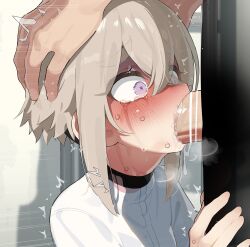 1boy 1girl ^^^ absurdres brown_hair commentary_request deepthroat fellatio hands_on_another&#039;s_head highres irrumatio kimi_no_koto_ga_dai_dai_dai_dai_daisuki_na_100-nin_no_kanojo mizumizuni motion_lines oral penis purple_eyes shirt solo_focus sutou_iku sweat tears upper_body white_shirt