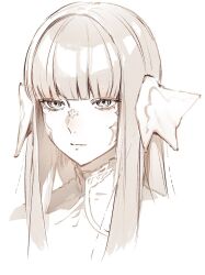 1girl au_ra blue_eyes blunt_bangs closed_mouth final_fantasy final_fantasy_xiv highres long_hair looking_at_viewer millimetre_0 monster_girl portrait scales simple_background solo warrior_of_light_(ff14) white_background