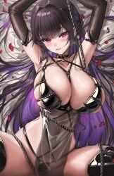 1girl armpits arms_up athenawyrm between_breasts black_hair blush breasts choker cleavage colored_inner_hair commentary covered_navel criss-cross_straps dominatrix elbow_gloves gloves goddess_of_victory:_nikke hair_intakes highleg highleg_panties highres large_breasts long_hair looking_at_viewer mihara_(bonding_chain)_(nikke) mihara_(nikke) multicolored_hair o-ring panties pelvic_curtain petals purple_hair red_eyes rope rose_petals see-through_clothes see-through_pelvic_curtain skindentation smile solo strap_between_breasts thighhighs thighs underwear