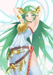 Rule 34 | 1girl, arms behind head, breasts, chain, cowboy shot, feathers, gold chain, green eyes, green hair, highres, jewelry, kid icarus, kid icarus uprising, long hair, maaakaronii, nintendo, palutena, parted lips, pendant, solo, sparkle, thighhighs, very long hair, white thighhighs