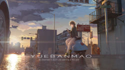 1girl artist_name bicycle brown_eyes brown_hair building car cellphone cloud commentary dated english_commentary english_text fire_hydrant garage green_jacket highres holding holding_phone jacket long_sleeves motor_vehicle motorcycle on_motorcycle original outdoors phone road road_sign scooter shoes short_hair sign sitting smartphone sneakers solo street traffic_light watermark yellow_shoes yuebanmao