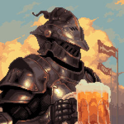 1other alcohol armor beer beer_mug black_armor blue_sky cloud commentary cup english_commentary evening flag holding holding_cup knight medieval mug original other_focus outdoors pixel_art pixellquests portrait sky solo wind