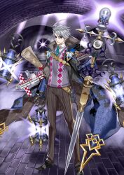 Rule 34 | 1boy, ahoge, aqua necktie, arm at side, black coat, black eyes, black gloves, black shoes, blue cloak, brown coat, brown pants, checkered necktie, cloak, closed mouth, coat, collared shirt, compass (instrument), diffraction spikes, expressionless, fate/grand order, fate (series), floating, floating clothes, floating object, full body, game cg, gloves, grey hair, hair between eyes, hand up, holding, holding lantern, holding staff, honjou raita, hood, hood down, hooded coat, james moriarty (ruler) (fate), lantern, layered sleeves, legs apart, lightning ahoge, long coat, long sleeves, looking at viewer, makeup, male focus, map (object), necktie, official art, open clothes, open coat, oversized object, pants, pinstripe pants, pinstripe pattern, purple background, purple sweater vest, puzzle piece print, shirt, shoes, short hair, solo, sparkle, spider web print, staff, standing, sweater vest, swept bangs, t-square, third-party source, two-sided cloak, two-sided coat, two-sided fabric, v-neck, white shirt, wing collar