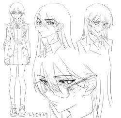 1girl close-up dress flat_chest full_body glasses gundam gundam_gquuuuuux haun injury jacket long_hair looking_at_viewer monochrome multiple_views nyaan_(gundam_gquuuuuux) shirt short_hair simple_background skirt solo sweatdrop white_background