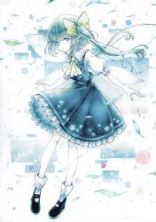 Rule 34 | 1girl, ascot, black shoes, blue skirt, blue vest, bow, buttons, collar, colored pencil (medium), daiyousei, fairy, fairy wings, falling leaves, floral print, floral print skirt, flower, frilled collar, frills, green eyes, green hair, hair bow, highres, knees, leaf, long hair, mary janes, open mouth, pink flower, print skirt, puffy short sleeves, puffy sleeves, shirt, shoes, short sleeves, side ponytail, skirt, socks, solo, sorakun ai1y, touhou, traditional media, vest, white background, white shirt, white socks, wings, yellow ascot, yellow bow