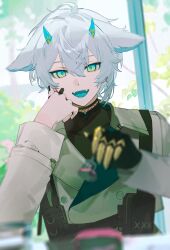 Rule 34 | 1boy, absurdres, animal ears, bell, bishounen, black nails, black undershirt, blue eyes, blue tongue, colored tongue, commission, demon, demon boy, double-parted bangs, fangs, fishnets, gloves, green shirt, hand on own cheek, hand on own face, highres, horns, indie virtual youtuber, leaning to the side, long sleeves, looking at viewer, makagi2, pale skin, plant, senz (third costume), senz (vtuber), shirt, single glove, smile, straight-on, tactical clothes, undershirt, upper body, virtual youtuber, white hair