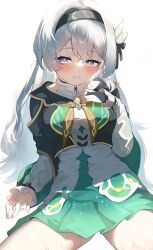 1girl absurdres black_bridal_gauntlets black_headband blush bridal_gauntlets clip_studio_paint_(medium) closed_mouth commentary_request cowboy_shot dress fingernails firefly_(honkai:_star_rail) grey_hair hair_between_eyes hair_ornament hand_on_own_chest headband highres honkai:_star_rail honkai_(series) long_hair long_sleeves looking_at_viewer making-of_available nail_polish pink_nails pinponpaaru purple_eyes single_bridal_gauntlet small_sweatdrop smile solo very_long_hair wet white_background