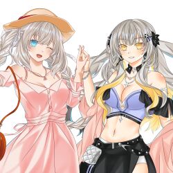 2girls absurdres bare_shoulders blue_eyes breast_apart breasts cleavage collarbone fate/grand_order fate_(series) female_focus highres marie_antoinette_(fate) marie_antoinette_alter_(fate) multiple_girls navel one_eye_closed open_mouth simple_background smile standing tagme white_background yellow_eyes