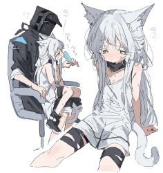 1girl 1other animal_ears arknights bare_shoulders cat_ears cat_tail chair colored_eyelashes commentary cropped_legs doctor_(arknights) eyelashes flying_sweatdrops food highres holding holding_food holding_popsicle hot licking long_hair multiple_views na_tarapisu153 office_chair on_chair popsicle rosmontis_(arknights) simple_background sitting sitting_on_lap sitting_on_person sleeveless sweat swivel_chair tail white_background white_hair