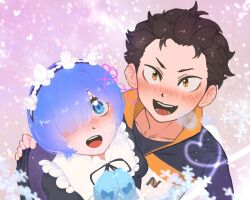 1boy 1girl apron black_hair blue_eyes blue_hair blush brown_eyes gloves hair_ornament hair_ribbon happy jacket kenzza looking_up maid maid_apron maid_headdress mittens natsuki_subaru open_mouth re:zero_kara_hajimeru_isekai_seikatsu rem_(re:zero) ribbon smile snow snowing track_jacket track_suit winter winter_clothes