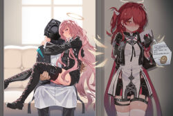 1other 2girls arknights black_boots black_coat black_dress black_gloves black_jacket black_shorts blush boots breasts carrying closed_mouth coat commentary_request couch cropped_jacket detached_wings doctor_(arknights) dress earrings exusiai_(arknights) exusiai_the_new_covenant_(arknights) gloves hair_over_one_eye halo hand_up highres holding holding_letter hood hooded_coat jacket jewelry kataokasan lace-up_boots lemuen_(arknights) letter long_hair long_sleeves medium_breasts medium_hair multiple_girls one_side_up orange_eyes pink_eyes pink_hair pout princess_carry red_hair short_shorts shorts siblings sisters sitting smile thigh_boots thigh_strap thighhighs very_long_hair white_dress white_thighhighs window wings