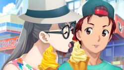 Rule 34 | 1boy, 1girl, arm hug, beret, black-framed eyewear, blue eyes, blurry, blurry background, closed eyes, collarbone, dress, eyelashes, fedora, food, fukuda tomonori, game cg, glasses, grey hair, hair between eyes, hat, highres, holding, holding food, holding ice cream, ice cream, ice cream cone, licking, long hair, looking at another, official art, open mouth, red eyes, red hair, robotics;notes, robotics;notes dash, shiny eyes, shiny skin, shirt, short hair, sundress, sunlight, swept bangs, t-shirt, tongue, tongue out, watch, white dress, white hat, white shirt, wristwatch, yashio kaito, yukifune airi