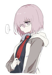 ... 1girl angry black-framed_eyewear black_dress collared_dress cropped_torso dress fate/grand_order fate_(series) glasses grey_jacket hair_over_one_eye highres hood hood_down hooded_jacket jacket kaigan0211 mash_kyrielight multicolored_jacket necktie one_eye_covered open_clothes open_jacket pink_eyes pink_hair red_necktie short_hair simple_background solo two-tone_jacket white_background white_jacket