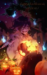 1boy 2019 779762391_(lofter) :d absurdres adam&#039;s_apple ahoge androgynous bags_under_eyes black_hair black_pants blood bloody_knife blue_eyes collarbone colored_skin commentary creepypasta dated double-parted_bangs drawstring fangs feet_out_of_frame fence film_grain glasgow_smile glowing hair_between_eyes happy_halloween highres holding holding_knife holding_pumpkin hood hood_down hoodie jack-o&#039;-lantern jeff_the_killer knees_up knife light_particles long_sleeves looking_at_viewer male_focus medium_hair mountainous_horizon night open_mouth outdoors pants puffy_long_sleeves puffy_sleeves pumpkin purple_sky red_pupils reverse_grip sky smile solo symbol-only_commentary teeth underlighting white_hoodie white_skin wooden_fence