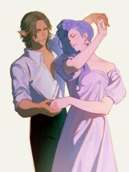 1boy 1girl alternate_costume arm_up asymmetrical_hair bare_shoulders black_pants blue_hair closed_eyes collarbone collared_shirt commentary cowboy_shot dancing dress elezen elf facial_tattoo final_fantasy final_fantasy_xiv grey_hair hebi86070749 hetero highres holding_hands long_hair looking_at_another moenbryda_wilfsunnwyn neck_tattoo off-shoulder_dress off_shoulder pants parted_bangs pink_dress pointy_ears puffy_short_sleeves puffy_sleeves roegadyn shirt short_hair short_sleeves sideburns sidecut simple_background smile standing tattoo undercut urianger_augurelt white_shirt yellow_background yellow_eyes