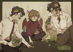 Rule 34 | 3boys, belt, bird boy, bird wings, black hair, brown hair, character doll, closed eyes, collared shirt, docm77, doll, facial hair, feather hair ornament, feathers, flower, glasses, goodtimeswithscar, grian (youtuber), hair flower, hair ornament, hermitcraft, holding, jigsaw puzzle, light brown hair, luminous slime, male focus, minecraft youtube, multiple boys, mumbo jumbo (youtuber), mustache, necktie, pants, pointy ears, puzzle, red sweater, scar, shirt, short hair, sitting, stuffed goat, sweater, white shirt, wings