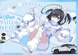 Rule 34 | 1girl, absurdres, ahoge, animal ear headphones, animal ears, artist name, asymmetrical legwear, bandages, bandaid, bandaid on leg, belt, belted jacket, bilibili logo, black eyes, black hair, bloomers, bow, broken heart, car, cat ear headphones, chinese commentary, commentary request, detached sleeves, fake animal ears, floating, frilled jacket, frills, hair over one eye, headphones, heart, highres, huge ahoge, jacket, kkkula (kula), leg warmers, mismatched legwear, motor vehicle, original, pill hair ornament, signature, sleeve bow, tenshi kaiwai, two side up, underwear, very long sleeves, white bloomers, white leg warmers, yami kawaii