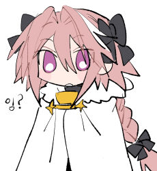 Rule 34 | 1boy, androgynous, astolfo (fate), black bow, bow, braid, cape, fate/apocrypha, fate (series), fur-trimmed cape, fur trim, gorget, hair bow, hair intakes, koyashaka, long braid, long hair, male focus, multicolored hair, open mouth, pink hair, purple eyes, simple background, single braid, sketch, solo, streaked hair, surprised, upper body, white background, white cape
