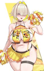 Rule 34 | 1girl, aestheticc-meme, blonde hair, breasts, cheerleader, cleavage, elegg (nikke), goddess of victory: nikke, highres, large breasts, multicolored hair, plump, pom pom (cheerleading), purple eyes, short hair, skindentation, skirt, solo, tagme, thick thighs, thigh strap, thighs, unzipped, wide hips