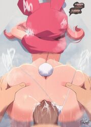 1boy 1girl anal ass ass_focus bunalonne clothing_aside english_text from_behind grabbing_another&#039;s_ass groping hood hoodie huge_ass kyojiri_loli loli my_melody_(cosplay) original panties panties_aside pink_hair poli_usaink_(bunalonne) rabbit_ears rabbit_tail sex tagme thong twintails underwear white_panties wide_hips