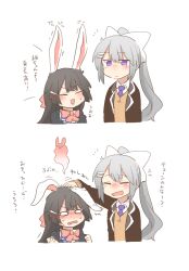 2girls animal_ears black_hair black_jacket blazer blush_stickers bow brown_cardigan cardigan chibi closed_mouth collared_shirt cropped_torso grey_hair hair_bow hair_ornament hairclip headpat height_difference higuchi_kaede higuchi_kaede_(1st_costume) jacket kemonomimi_mode long_hair mole mole_under_eye multiple_girls necktie nijisanji open_clothes open_jacket pink_bow ponytail purple_necktie rabbit_ears rebecca_(keinelove) school_uniform shirt simple_background sweat trembling tsukino_mito tsukino_mito_(1st_costume) upper_body very_long_hair virtual_youtuber white_background white_bow white_shirt wide_oval_eyes