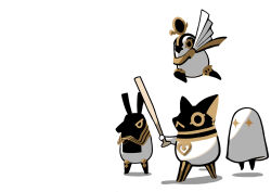 +_+ 1girl 1other 2boys :&lt; ancient_egyptian animal animal_ears animal_focus bastet_(toutotsu_ni_egypt-shin) beak bird cat cracking_knuckles egyptian_mythology fighting_stance floating full_body hand_fan harisen heart highres jumping manari_(artist) medjed_(mythology) multiple_boys negative_space no_humans ra_(toutotsu_ni_egypt-shin) set_(toutotsu_ni_egypt-shin) shadow simple_background snout solid_circle_eyes toutotsu_ni_egypt-shin uraeus weapon white_background
