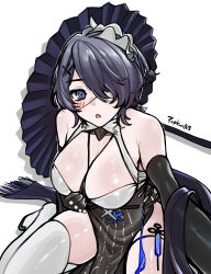 1girl absurdres arknights black_hair blue_eyes blush breasts hair_ornament highres large_breasts long_sleeves looking_at_viewer open_mouth popkorn163 shirt short_hair simple_background skirt solo whisperain_(arknights)