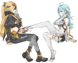 Rule 34 | 2girls, ahoge, arm at side, backless outfit, bare shoulders, black boots, black gloves, black jacket, black mask, blonde hair, blue eyes, blue hair, boots, braid, breasts, camouflage, camouflage jacket, camouflage pants, chest belt, closed mouth, clothed sex, clothing cutout, covered eyes, criss-cross straps, cropped jacket, elbow gloves, erection, eye mask, feet, fingerless gloves, fingernails, footjob, footjob with legwear, from side, full body, futa with female, futanari, gloves, grey gloves, grey pants, grey pantyhose, guided footjob, hair behind ear, hair ornament, hair ribbon, holding another&#039;s foot, invisible chair, jacket, juliet sleeves, leg cutout, leg up, light smile, long hair, long sleeves, looking at another, mecha pilot suit, midriff, mole, mole on shoulder, multiple girls, multiple moles, navel, pants, pantyhose, pelvic curtain, penis, ponytail, pouch, profile, puffy sleeves, rekka, ribbon, seed (zenless zone zero), sharp fingernails, side slit, sideboob, simple background, single braid, single sidelock, sitting, stirrup legwear, sweatdrop, thigh cutout, tight clothes, tight pants, toeless legwear, toes, triangle, triangle hair ornament, trigger (zenless zone zero), tucking hair, uncensored, very long hair, white background, white ribbon, zenless zone zero