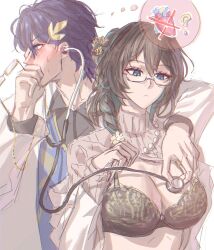 1boy 1girl ? aqua_eyes black_bra black_hair black_shirt blush bra breasts cleavage clothes_lift coat dr._ratio_(honkai:_star_rail) glasses gnarlypzofbread grey_sweater hair_ornament heart_(organ) highres holding holding_removed_eyewear holding_stethoscope honkai:_star_rail honkai_(series) jewelry lab_coat large_breasts leaf_hair_ornament long_hair necklace pearl_necklace purple_hair ruan_mei_(honkai:_star_rail) shirt short_hair simple_background stethoscope sweater sweater_lift turtleneck turtleneck_sweater underwear unworn_eyewear white_background white_coat