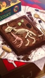 Rule 34 | animal skeleton, box, chocolate, commentary, dinosaur skeleton, english text, fate/grand order, fate (series), food, food art, food focus, hammer, kyosuke, magnifying glass, mollusc shell, no humans, official art, paintbrush, scallop, seashell, shell, spoon, still life, third-party source