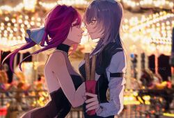 Rule 34 | 2girls, absurdres, backless dress, backless outfit, bare arms, black dress, black gloves, black vest, carousel, churro, commentary, dress, eye contact, food, from side, gloves, grey hair, hand on another&#039;s shoulder, highres, holding, holding food, honkai: star rail, honkai (series), kafka (honkai: star rail), long hair, long sleeves, looking at another, multiple girls, parted lips, profile, purple eyes, purple hair, shino (moi 0142), shirt, smile, stelle (honkai: star rail), symbol-only commentary, trailblazer (honkai: star rail), twitter username, vest, watermark, white shirt, yellow eyes, yuri