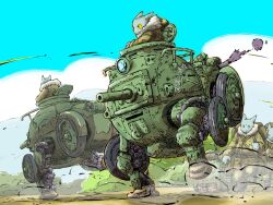 backpack bag blue_sky cloud day exhaust_pipe gun headlight_beam highres mecha multiple_boys original robot sky soldier walker_(robot) weapon wheel yabarn