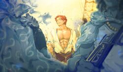 Rule 34 | 3boys, abs, alice6024419, benn beckman, commentary request, gun, highres, holding, holding gun, holding weapon, jewelry, looking to the side, male focus, multiple boys, necklace, one piece, outdoors, pearl necklace, ratline, scar, scar on face, shanks (one piece), shirt, short hair, shroud (sailing), upper body, weapon, white shirt, yasopp