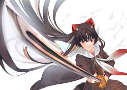 1girl absurdres azur_lane black_cardigan black_hair black_skirt bow cardigan hair_bow highres holding holding_sword holding_weapon horns imp_(5834) long_hair long_sleeves looking_at_viewer midriff_peek miniskirt neckerchief oni_horns pleated_skirt red_eyes sailor_collar sakawa_(azur_lane) school_uniform simple_background skirt solo sword very_long_hair weapon white_background white_neckerchief white_sailor_collar