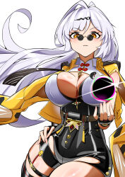 1girl absurdres ahoge black_gloves breasts chinese_commentary cleavage commentary_request cowboy_shot fingerless_gloves gloves hair_between_eyes hair_ornament hairclip hand_on_own_hip high-waist_shorts highres huge_ahoge jacket large_breasts long_hair looking_at_viewer mole mole_on_breast parted_lips round_eyewear shirt shorts sidelocks simple_background single_thighhigh skindentation solo standing sunglasses thigh_strap thighhighs umacastle very_long_hair white_background white_hair white_shirt yellow_eyes yellow_jacket yin_yang_pin yixuan_(zenless_zone_zero) zenless_zone_zero