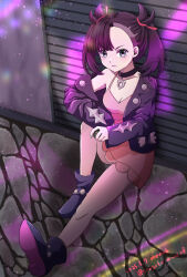 1girl asymmetrical_bangs black_choker black_hair black_jacket boots breasts choker cleavage dress dusk_ball full_body green_eyes hair_ribbon highres holding holding_poke_ball jacket looking_at_viewer marnie_(pokemon) meena meena_(sousaku_miina08) nintendo open_clothes open_jacket pink_dress poke_ball pokemon pokemon_swsh red_ribbon ribbon sitting solo twintails