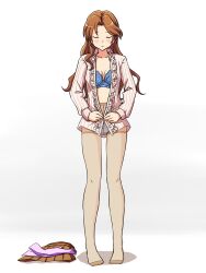 1girl blue_bra blue_panties blush bra breasts brown_hair closed_eyes collared_shirt commentary_request covered_navel crotch_seam facing_viewer frilled_shirt frills frown full_body highres idolmaster idolmaster_cinderella_girls kawashima_mizuki lielos long_hair long_sleeves medium_breasts no_pants open_clothes open_shirt panties pantyhose parted_lips partial_commentary partially_unbuttoned shadow sheer_pantyhose shirt skirt solo standing striped_clothes striped_shirt thighband_pantyhose unbuttoning underwear undressing unworn_skirt vertical-striped_clothes vertical-striped_shirt white_background
