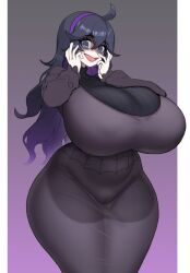 1girl breasts hairband hex_maniac_(pokemon) huge_breasts looking_at_viewer nintendo pokemon purple_eyes purple_hair smile solo