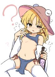 1girl ? absurdres alcohol bare_shoulders blonde_hair blunt_tresses blush bottle bow breast_slip breasts brown_hat clothes_lift collarbone crop_top drooling drunk hair_ribbon hat heart heart-shaped_pupils highres holding holding_bottle looking_at_viewer mismatched_pupils moriya_suwako mouth_drool navel nipples no_bra one_breast_out open_mouth purple_skirt purple_vest pyonta ramudia_(lamyun) red_bow revealing_clothes ribbon sidelocks simple_background skirt snake snake_print solo spoken_question_mark symbol-shaped_pupils tank_top touhou tress_ribbon vest white_background