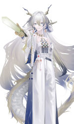 1girl absurdres arknights bare_shoulders beads belt blonde_hair blue_hair commentary earrings feet_out_of_frame floating_hair grey_eyes hair_between_eyes highres holding holding_sword holding_weapon jacket jewelry long_hair looking_at_viewer multicolored_hair nanami_alice necklace off_shoulder pants pointing_melee_weapon shu_(arknights) simple_background smile solo standing strapless sword tube_top very_long_hair weapon white_background white_belt white_hair white_jacket white_pants white_tube_top