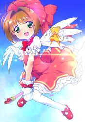 Rule 34 | 1girl, :d, antenna hair, bow, bowtie, brown hair, cardcaptor sakura, dress, flat chest, footwear bow, gloves, green eyes, hair intakes, hat, highres, himehachi (hime8manga), kero (cardcaptor sakura), kinomoto sakura, kinomoto sakura (magician), magical girl, open mouth, pantyhose, pink dress, pink hat, puffy short sleeves, puffy sleeves, red bow, red bowtie, red shoes, shoes, short hair, short sleeves, sleeve bow, smile, teeth, upper teeth only, white bow, white gloves, white pantyhose, white wings, wings